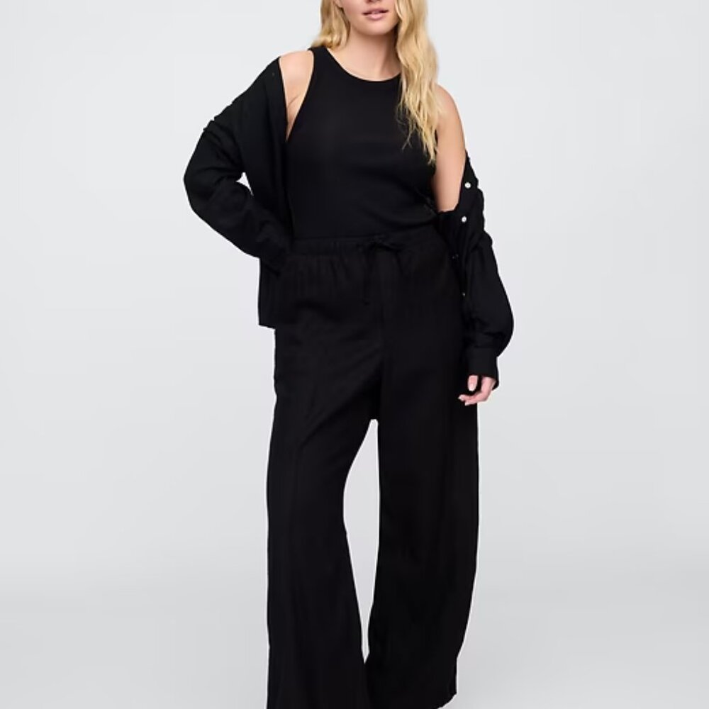 NWT GAP  Black Pull On Mid Rise Wide Leg Linen Pants Lightweight - Picture 5 of 14
